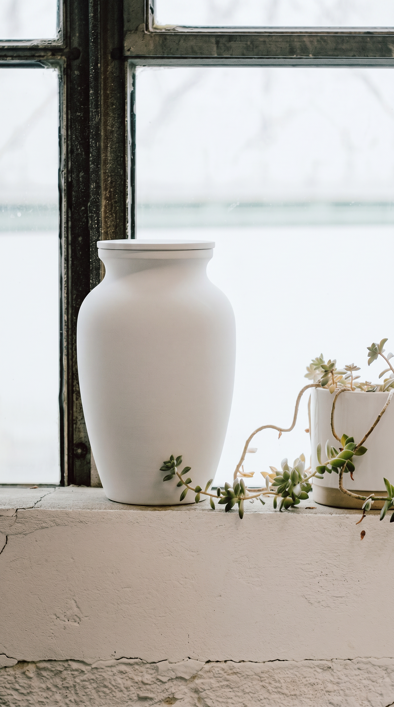 White smooth memorial urn on a windowsill with a soft focus background