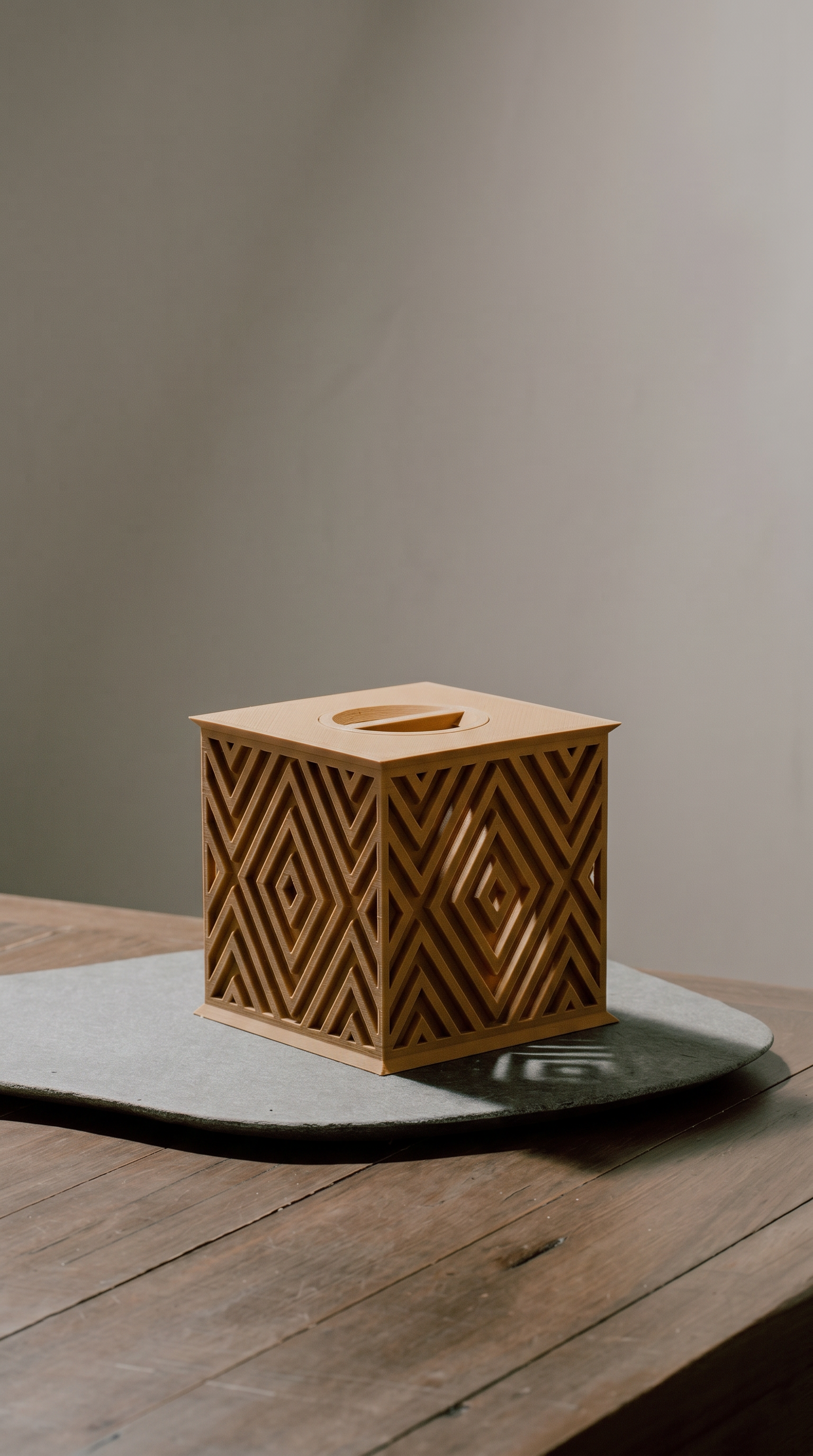 Beautiful sand wood memorial urn with geometric pattern on a wooden surface