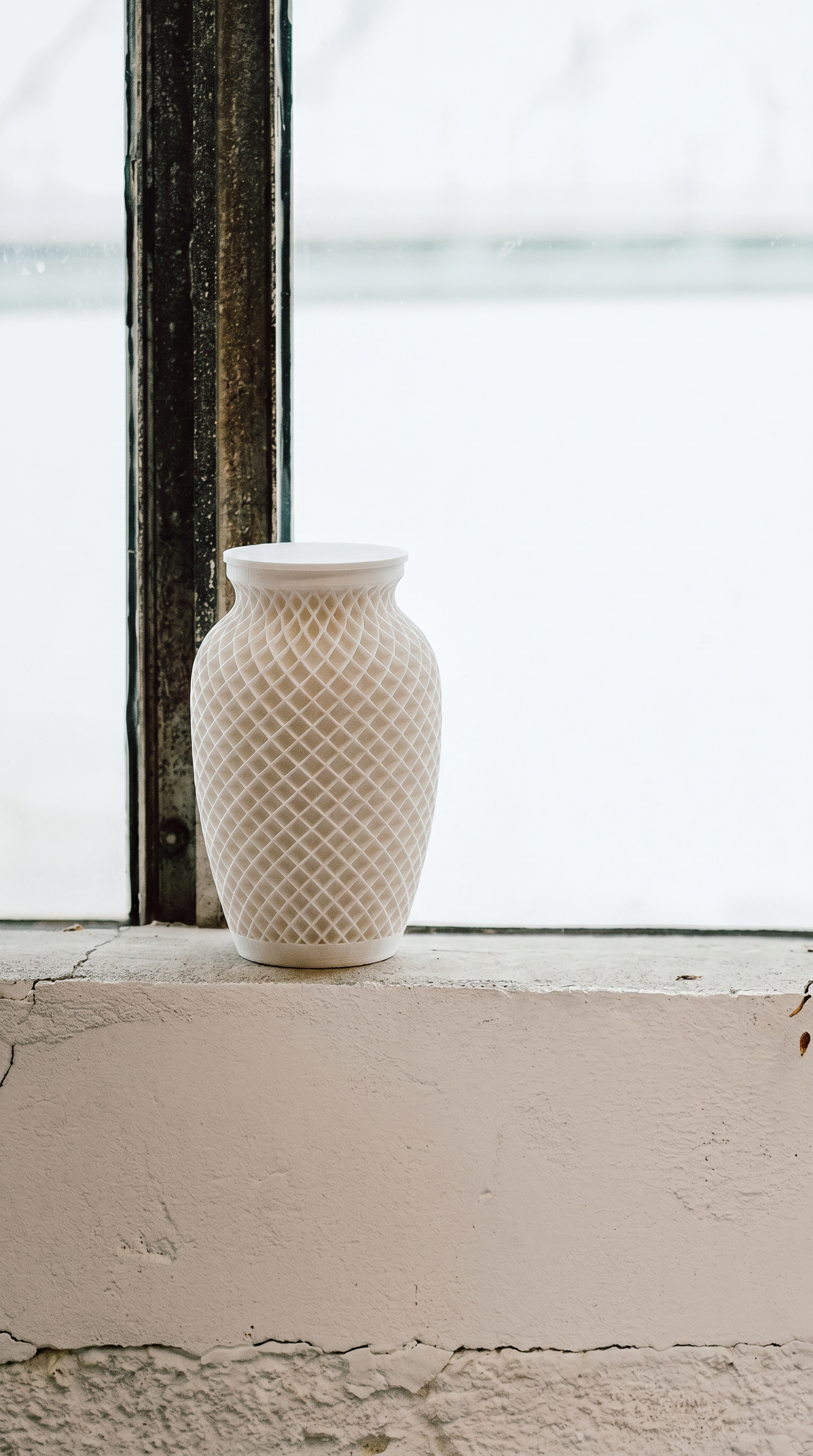 White textured memorial urn on a windowsill with a blurred outdoor background