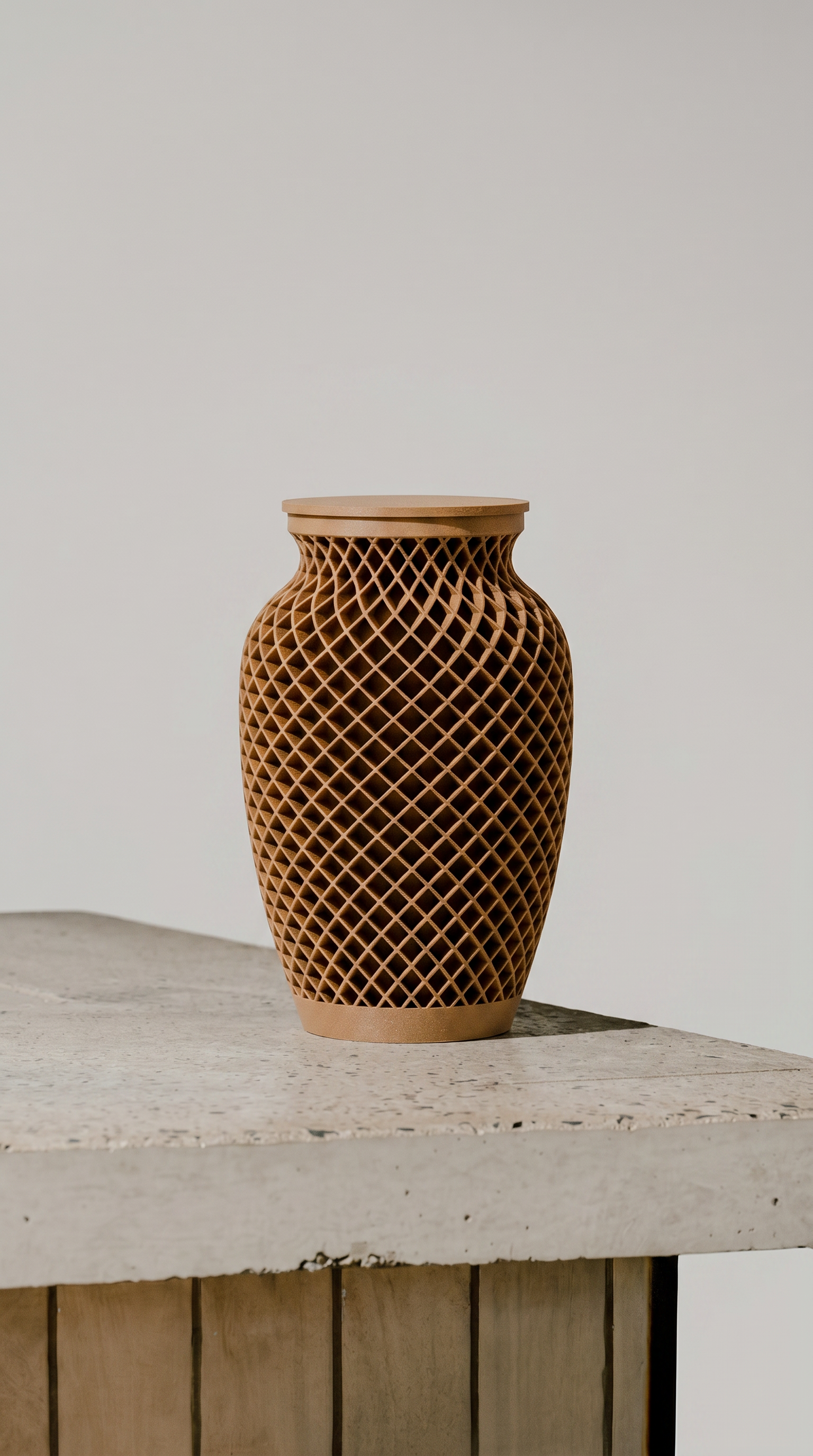 Woven texture brown memorial urn on a wooden surface with a neutral background